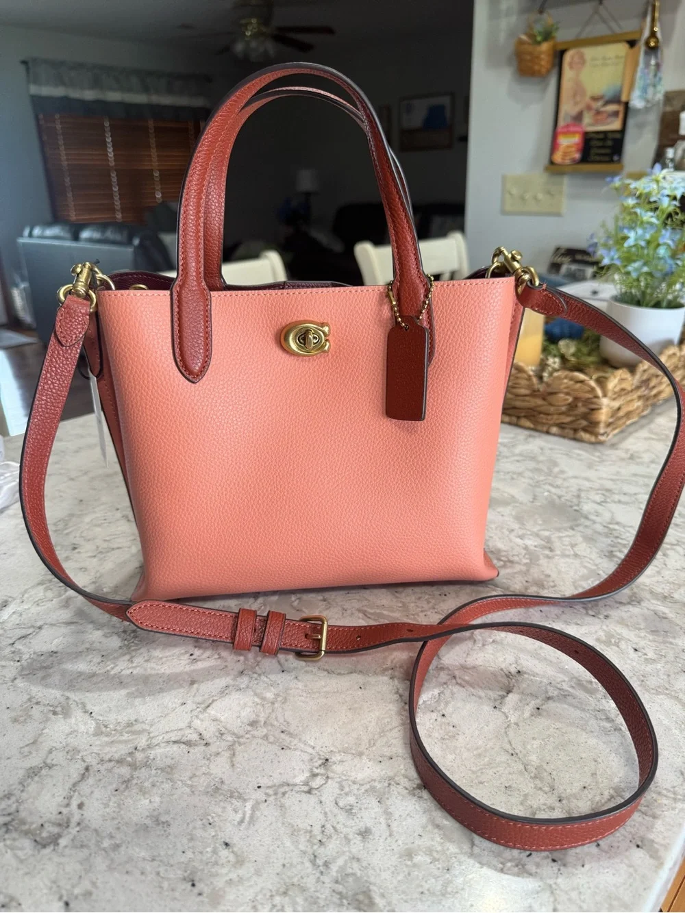 Coach Willow 24 Coral Leather Tote with Brown Trim